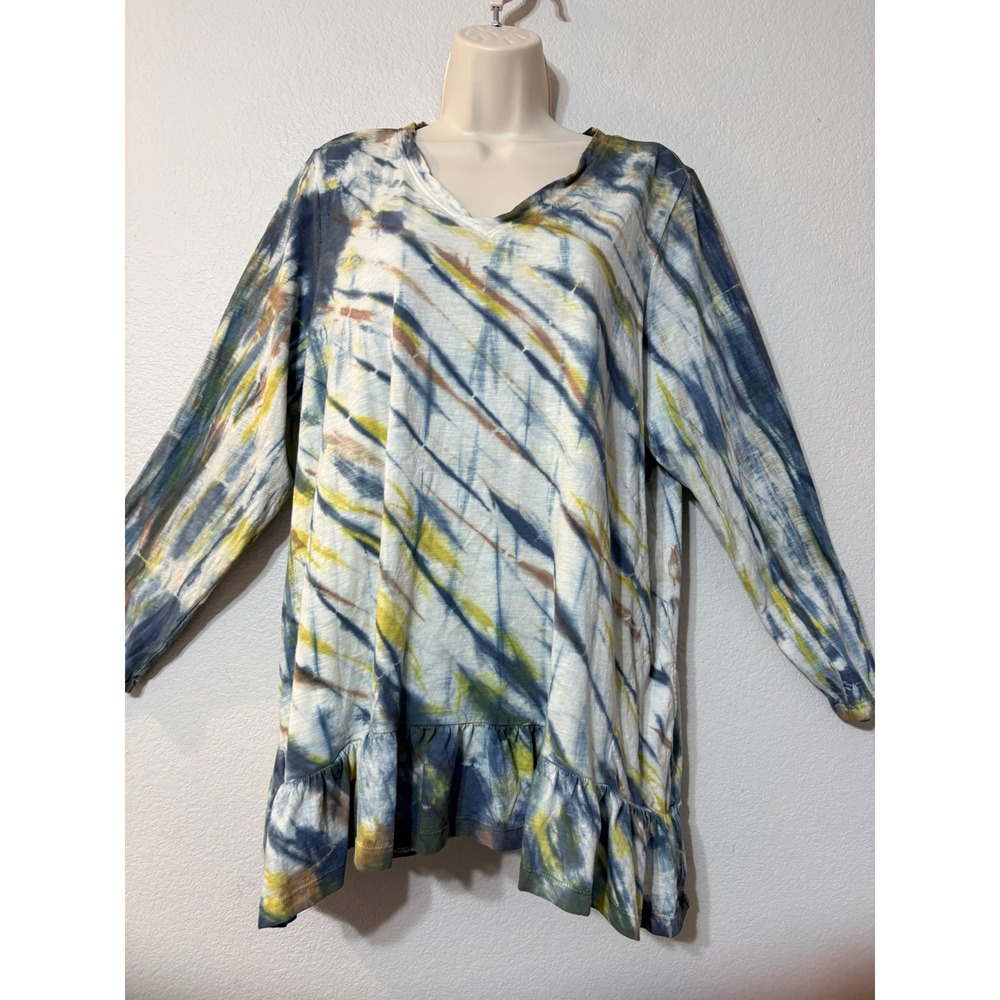 LOGO Lori Goldstein Tie Dye Tunic Top Chartreuse Blue V-Neck Ruffle Hem 1X